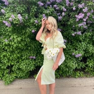 LUSH Green Gingham Skirt & Top Set with Puff Sleeves - M/L